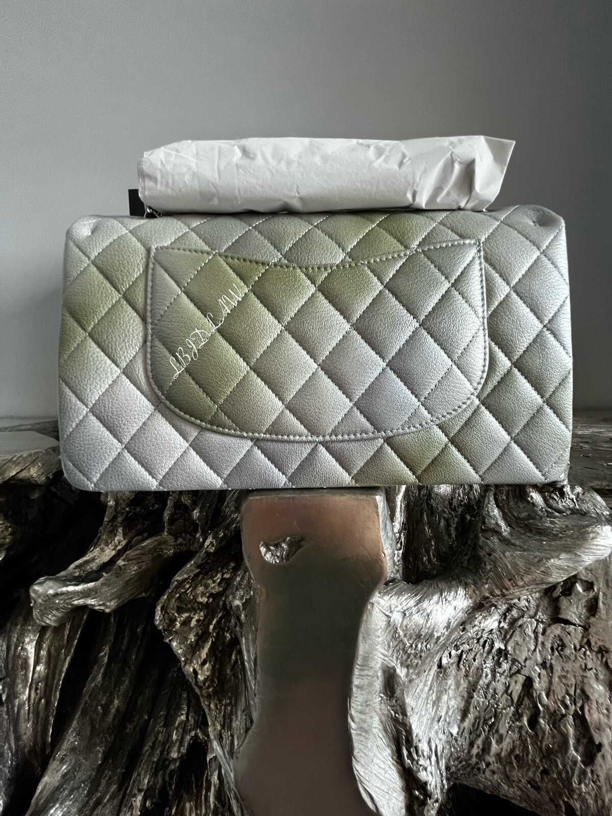 CHANEL 22C Silver Medium Classic Flap Iridescent Cloudy Goatskin Metallic Ombre image 3