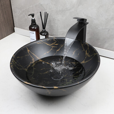 Round Marble Bathroom Vessel Sinks Black Ceramic Basin Bowl Combos Faucet Drain