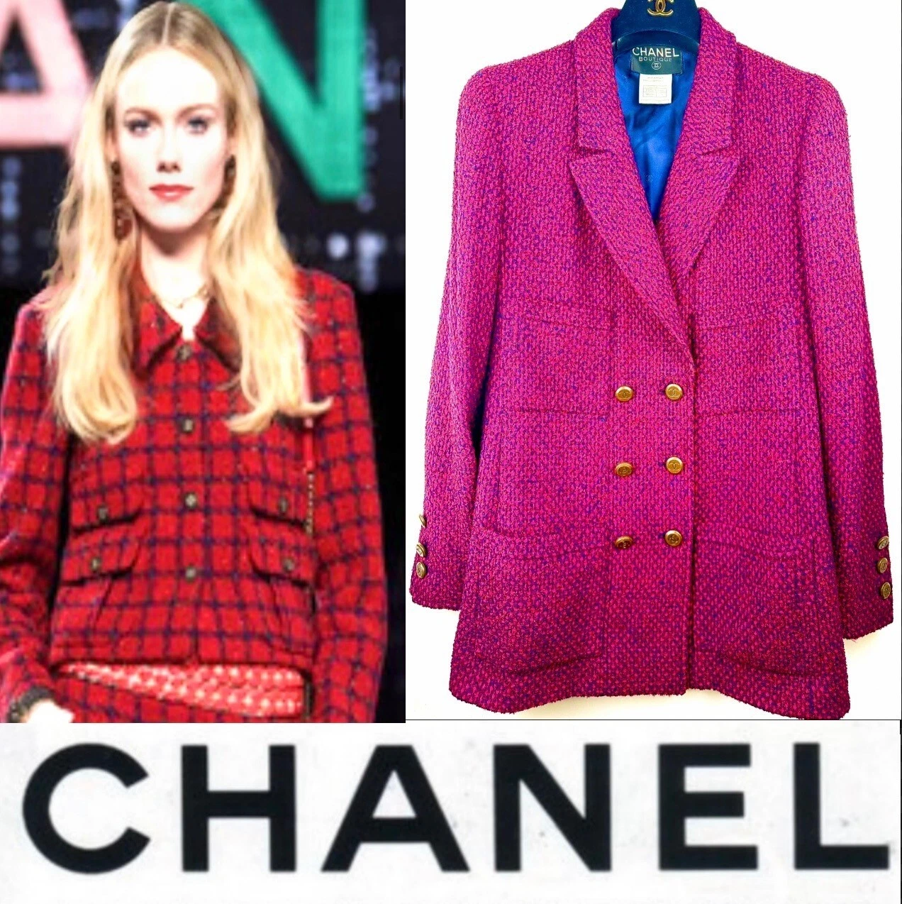 Chanel Vintage 1998 Barbie Rosa Blu Tweed Boucle Giacca 36 38 4 6 Cappotto Vintage S M