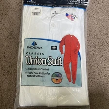 Indera Men's 100% Cotton Rib Knit Union Suit Large, White BNWT