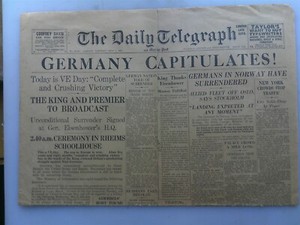 ORIGINAL UK WWII Newspaper - Daily Telegraph May 8, 1945 GERMANY CAPITULATES VE
