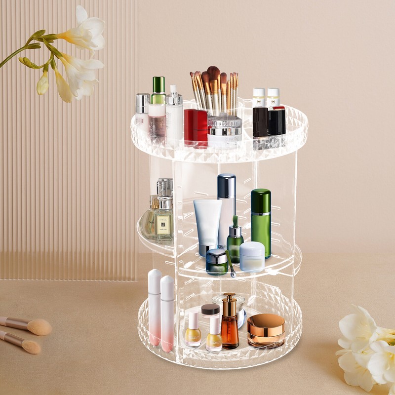 Round Frame Makeup Storage Box With The 4 Trays Diamond Texture Vanity Shelf