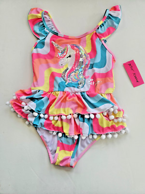 Betsey Johnson Big Girls 10  1 Pc Swimsuit Ruffle Unicorn Pom Pom Pink Sequin