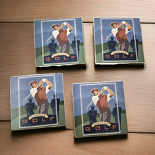 Golf Coaster Set 4 Vintage Absorbastone Square Ceramic Golfer 50s USA