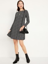 OLD NAVY Women's Long-Sleeve Mini Swing Dress - Black Ditsy Floral-Size XL