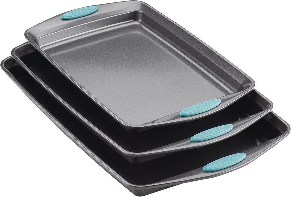 Rachael Ray Bakeware Nonstick Cookie Pan Set,3-Piece,Gray with Marine Blue Grips