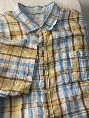 Tommy Bahama Linen Blend Light Plaid Lightweight Metal Button Down Shirt XXL