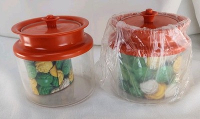TUPPERWARE Canisters Orange Push Button Lid Clear Acrylic Vintage NEW