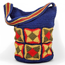 Vintage Crochet Shoulder Bag Lined Zipper Handmade Purse 1970's Boho Hippie Lg