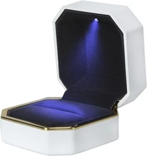 Luxury Ring Box, Square Velvet Wedding Ring Case Jewelry Gift Box with LED Light