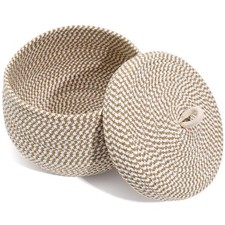 Round Basket with Lid 8.25 Inch Cotton Rope Woven Desktop Storage Bin