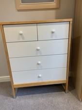 White and Wood Effect Chest of Drawers. Two Small and Three Large Drawers. Used