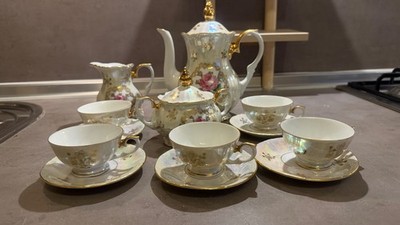 Vintage Kahla GDR Porcelain Tea Set Rose Lusterware Gold Trim 13 pcs Excellent