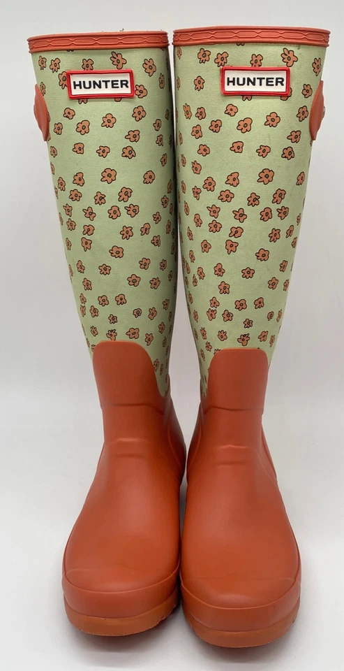 全新 HUNTER 橙色橡胶花卉雨靴 女式 尺码 EU 37 US 6 1148 — 第 2/4 张图片