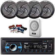 Pyle Single DIN Marine Receiver, 4x 4" 100W Black Speakers, 8" 600W Subwoofer