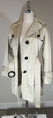 Banana Republic Trench Coat Jacket Women Tan Cotton Leather Button Classic Sz XS