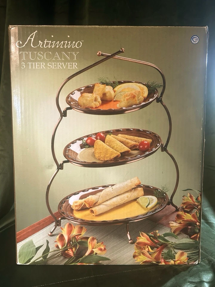 Platos pintados a mano de servidor Artimino Toscana de 3 niveles en un antiguo estante de bronce Foto 4 de 4