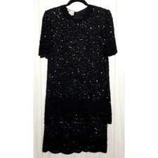 JKara Vintage Black 100% Silk Tiered Highly Embellished Lined Size Large