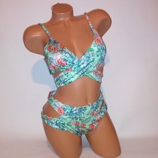 Victoria Secret Swim Bikini Medium Top Bottom Green Floral Wrap Halter Strappy