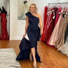 Dark Blue Mother of The Bride Dresses One Shoulder Side Split Formal GownRuffles