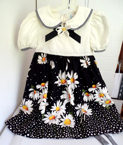 Vintage Girl's Dress w/ /Big Daisy Flowers Linen Like Bodice Size 5 - 第 1/3 張圖片