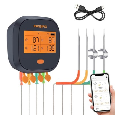 Wireless Digital Grill Thermometer with WiFi, Custom Alarms & 4 Probes - IBBQ-4T