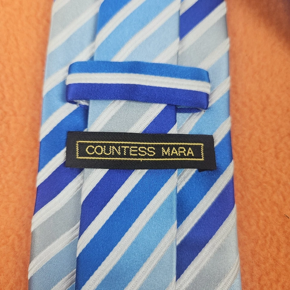 Gravata de seda masculina MARA BY COUNTESS MARA azul cinza/branco costurada à mão - Imagem 4 de 4