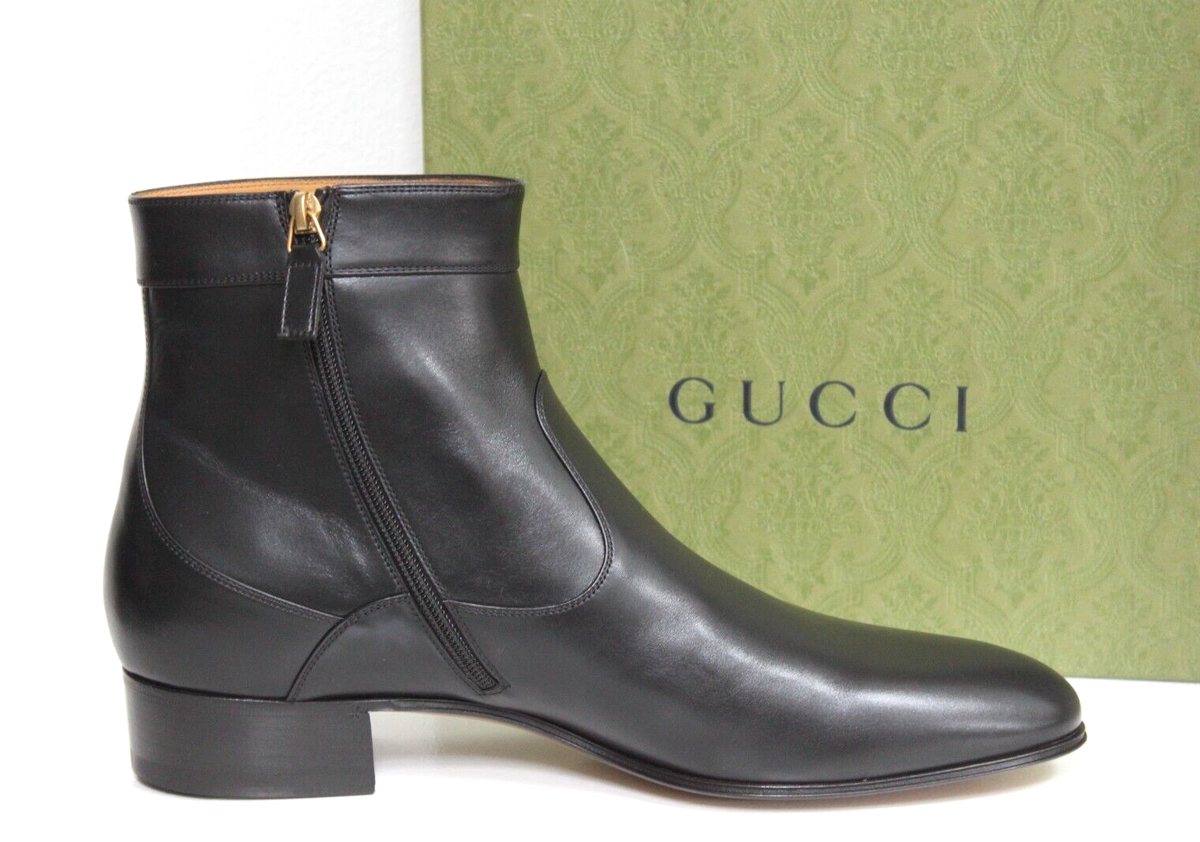 New sz 13 US / 12 UK GUCCI Adel Double G Black Leather Boot Shoes