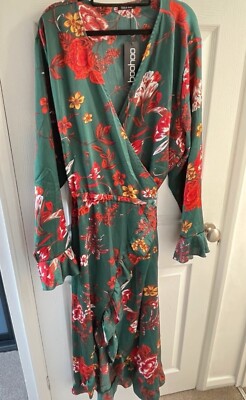 boohoo green floral wrap dress Green Satin Floral Ruffle Wrap Midi Dress