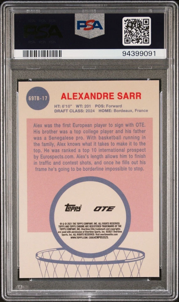 2021-22 Topps Chrome Overtime Elite Alexandre Sarr RC 1969 Rookie PSA 10 - Image 2 of 4