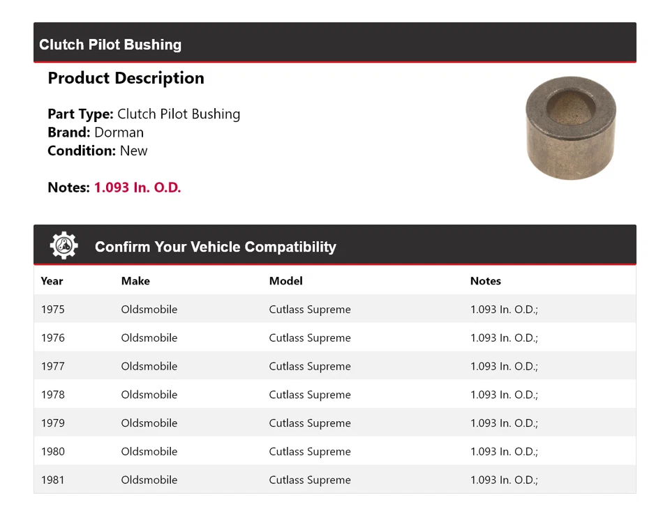 Bucha piloto de embreagem 1976 1977 Oldsmobile Cutlass Supreme Dorman 1975-1981 - Imagem 2 de 4