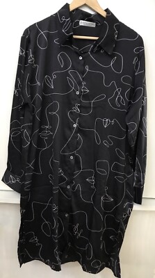 Jon & Anna Contemporary Black satin button tunic shirt dress Retro Print Size L