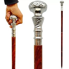 Antique Designer Brass Sliver Finish Handle Victorian Wooden Walking Stick Cane