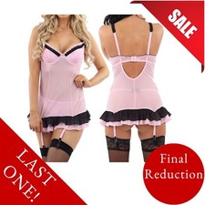 Sexy Pink Dress Babydoll Chemise & Rara Skirt Suspenders Matching Thong Bra 36D