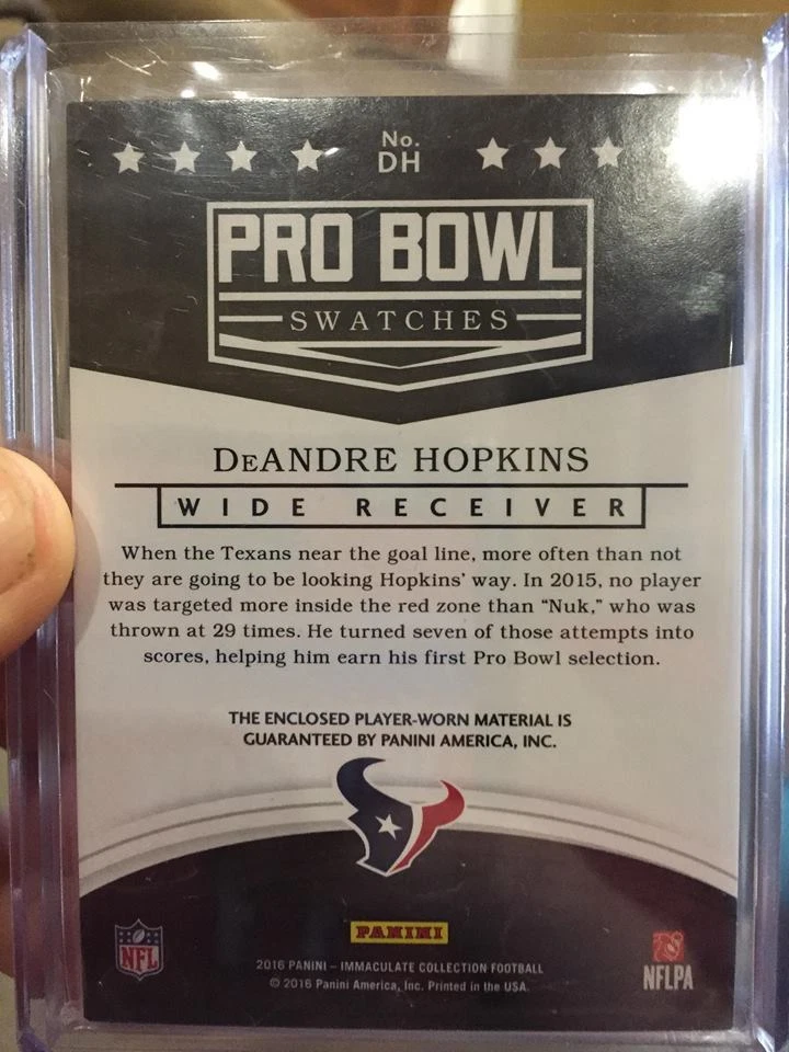 DEANDRE HOPKINS 2016 IMMACULATE "PRO BOWL SWATCHES" JUMBO WORN JERSEY PATCH /49! - Image 2 of 2