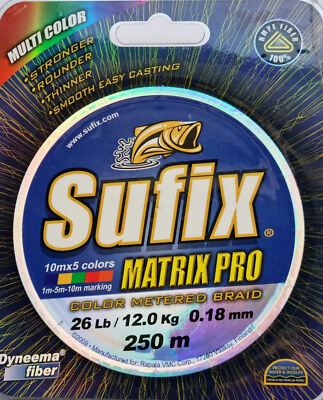  Sufix Matrix Pro Multi Color 0,18 mm 12 kg 250m Geflochtene Schnur Angelschnur 