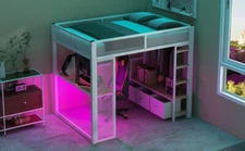 Full Size Gaming Loft Bed with LED Desk, Metal Loft Bed Frame with Open Wardrobe