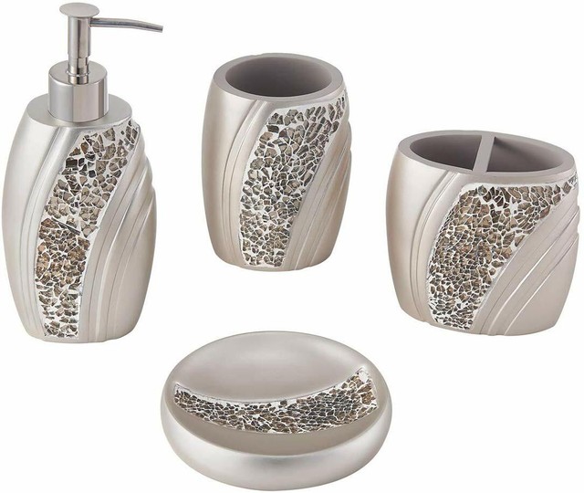 4Piece Champagne Gold & Mosaic Bathroom Accessories Vanity Set Gift