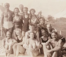 1930s Group Swimwear Portrait Smiling Friends Barn Country Retreat