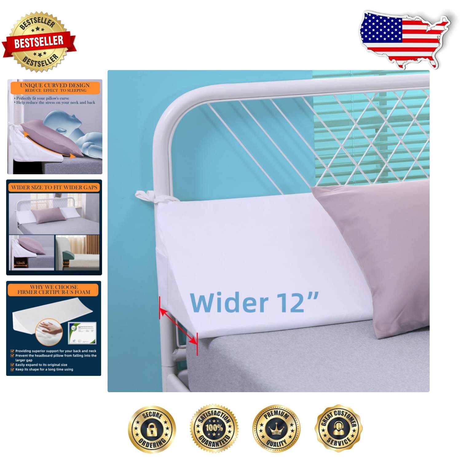 Curved Wedge Pillow for Headboard - Wider Gap Filler with Machine Wash Cover