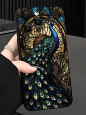 Beautiful Stained Glass PEACOCK Black matte Phone Case iPhone 14 Plus Nice!