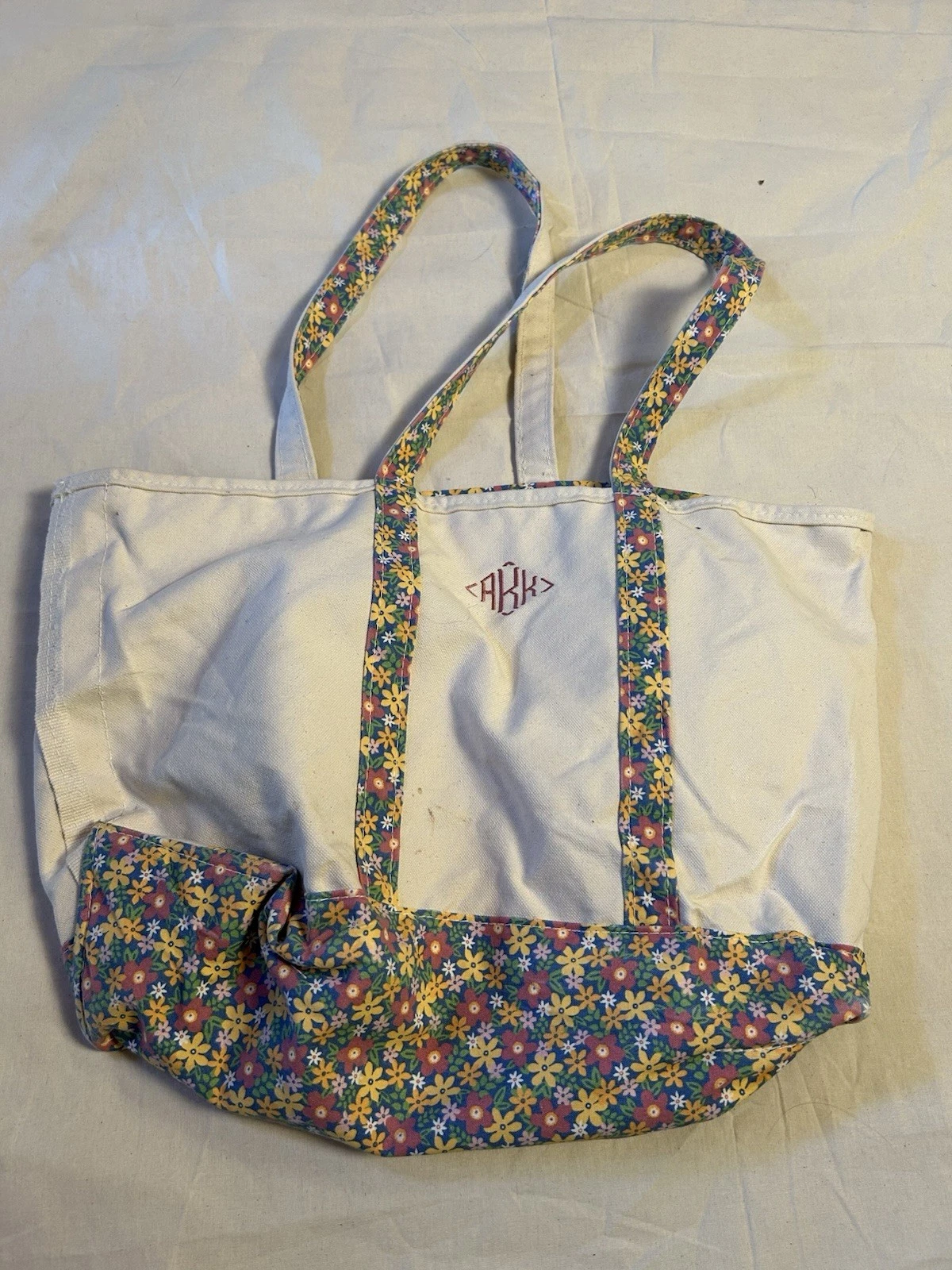 Vintage 90s LL Bean Boat And Tote Floral Canvas ZIPPER TOP XL Tote Bag 22x14