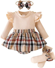 2 Pezzi Completo Neonata Elegante Tutina Vestito Abito a Quadri Manica Lunga Rom