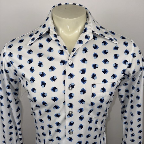 Vtg 60s 70s Disco Shirt Mens Medium Joel Butterfly Collar Hippie Geometric Nik - Afbeelding 3 van 14
