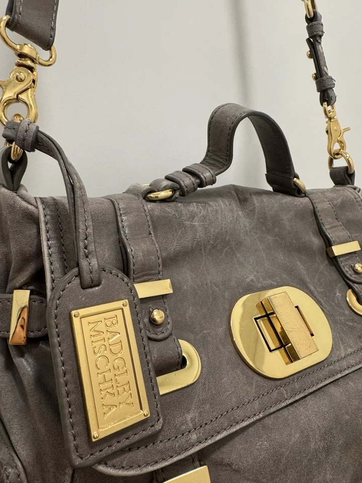 Badgley Mischka Stylish Gray Leather Shoulder Bag - Image 3 of 4