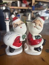 Vintage Ceramic Santa Figurine Set Of Two Leaning on Lamp Post, Christmas Decor