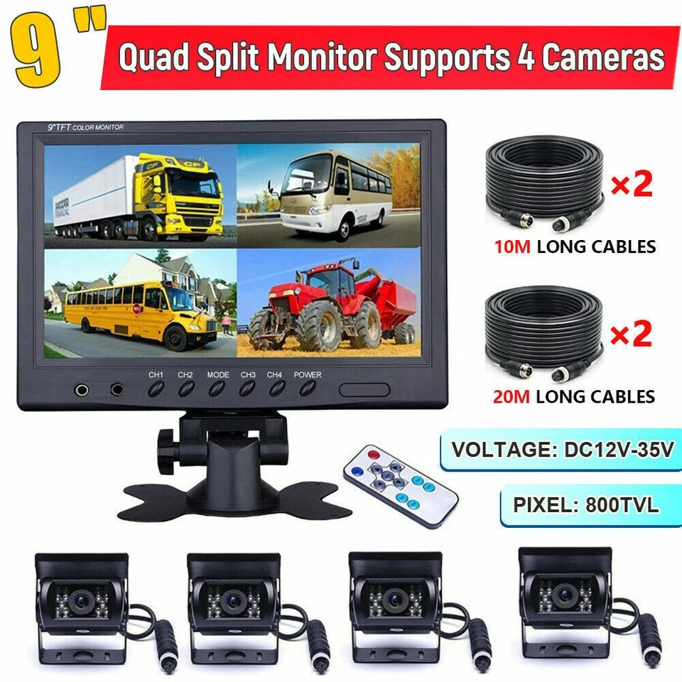 9" Quad Backup Camera Parking Split Monitor Rear View 20m 4Pin For Rv Truck Bus - Image 3 of 4