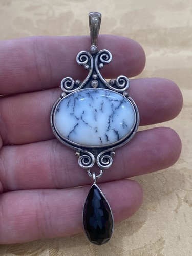 Designer Signed SJ Dendritic Opal 925 Sterling Silver Dendritic Opal Pendant