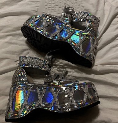 Dolls Kill Club Exx Rude Awakening Silver Rainbow Holographic Platform Sandals 5