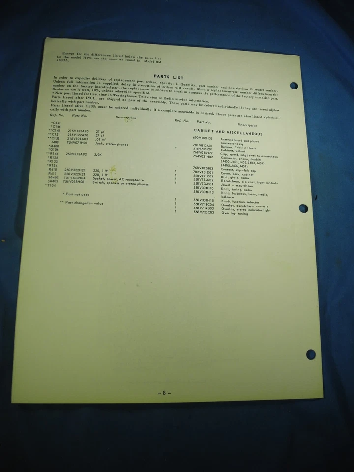 Manual de servicio original para sintonizador-amplificador personalizado Westinghouse H-394 V2543-1 Foto 4 de 4